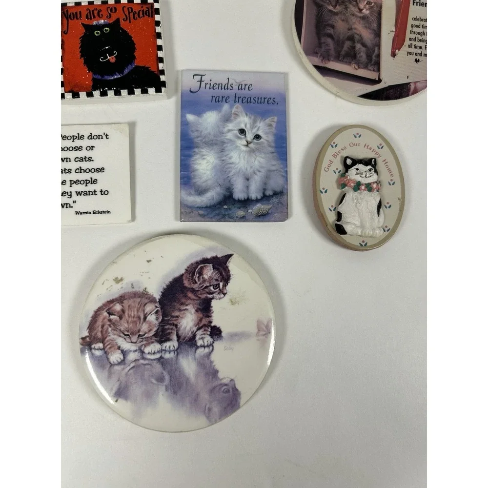 Lot of 9 VTG Cat theme Refrigerator Magnets Friendship Quotes Round Square